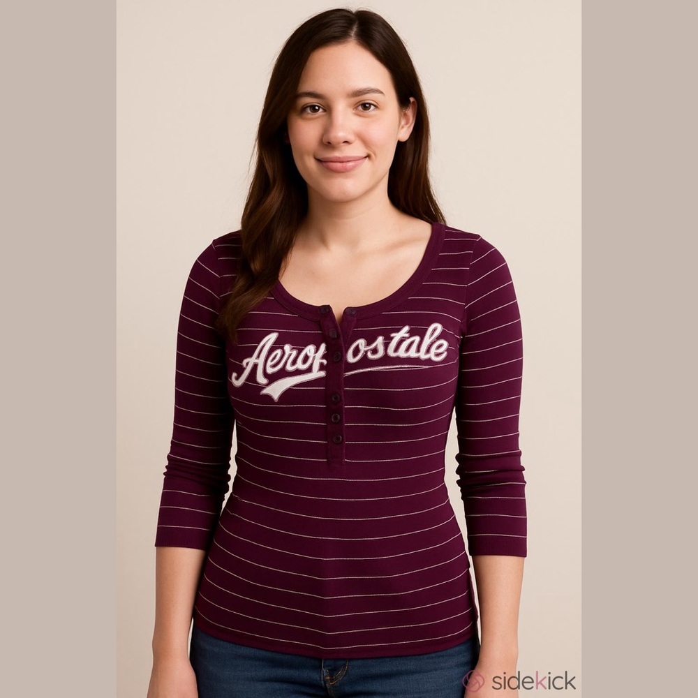 Aeropostale Burgundy Striped 3/4  Sleeve Shirt Size Large Henley Button Front